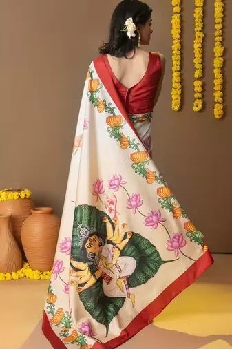 Off white printed art silk traditional saree with blouse piece