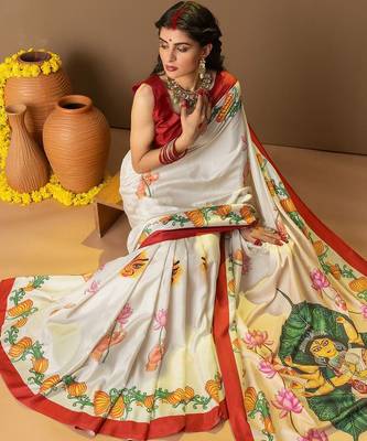 Off white printed art silk traditional saree with blouse piece 4