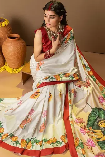 Off white printed art silk traditional saree with blouse piece