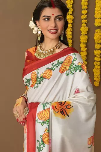 Off white printed art silk traditional saree with blouse piece