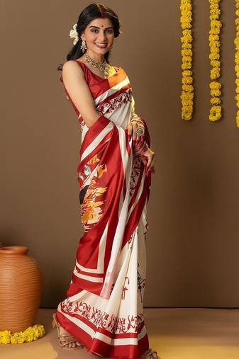 Off white printed art silk traditional saree with blouse piece