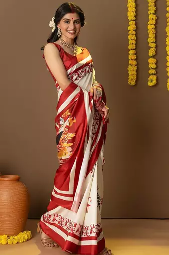 Off white printed art silk traditional saree with blouse piece