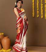 Off white printed art silk traditional saree with blouse piece