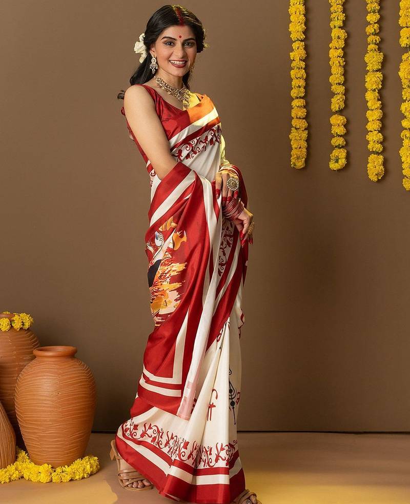Off white printed art silk traditional saree with blouse piece