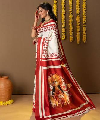 Off white printed art silk traditional saree with blouse piece 2