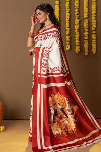 Off white printed art silk traditional saree with blouse piece