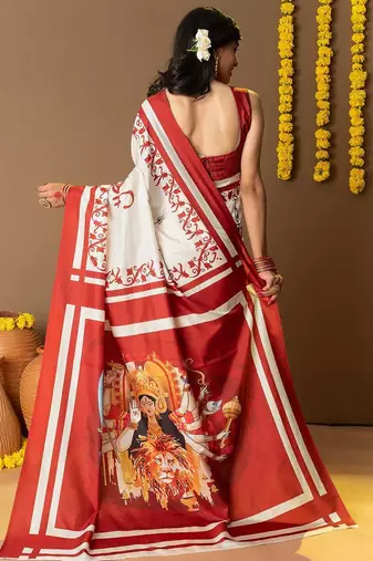 Off white printed art silk traditional saree with blouse piece