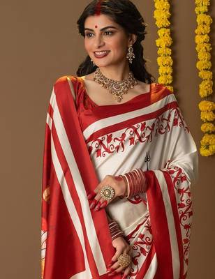 Off white printed art silk traditional saree with blouse piece 5