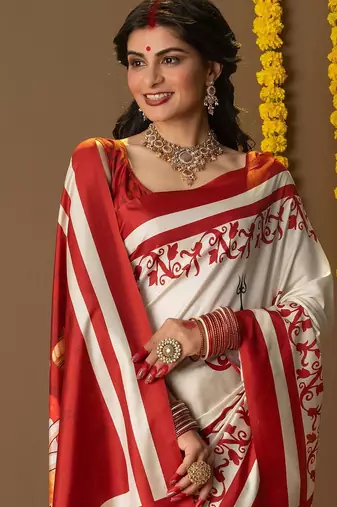 Off white printed art silk traditional saree with blouse piece