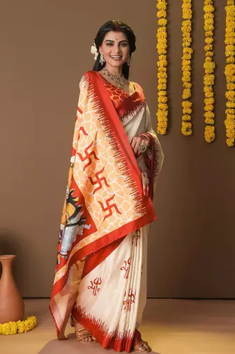 Off white printed art silk traditional saree with blouse piece
