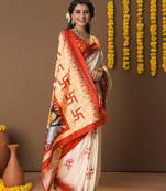 Off white printed art silk traditional saree with blouse piece