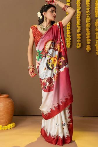 Off white printed art silk traditional saree with blouse piece