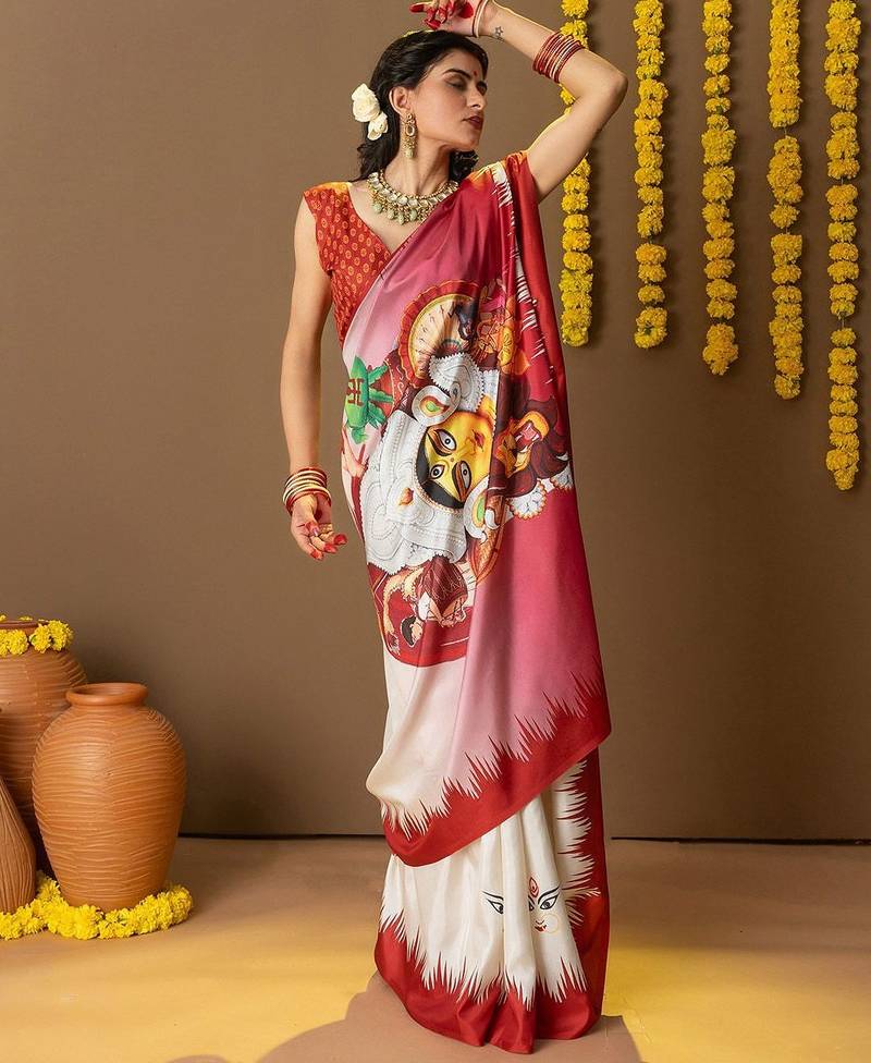 Off white printed art silk traditional saree with blouse piece