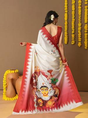 Off white printed art silk traditional saree with blouse piece 2