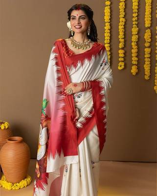 Off white printed art silk traditional saree with blouse piece 3