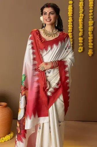Off white printed art silk traditional saree with blouse piece