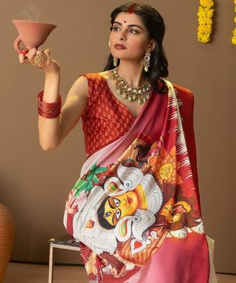 Off white printed art silk traditional saree with blouse piece 4