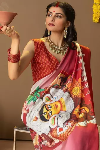 Off white printed art silk traditional saree with blouse piece