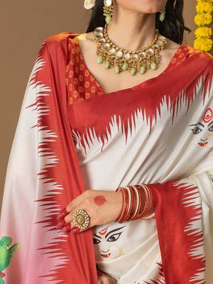 Off white printed art silk traditional saree with blouse piece 5