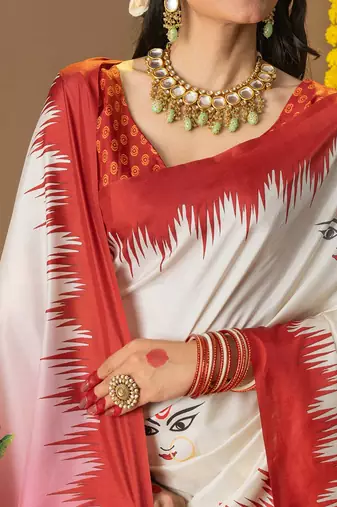 Off white printed art silk traditional saree with blouse piece