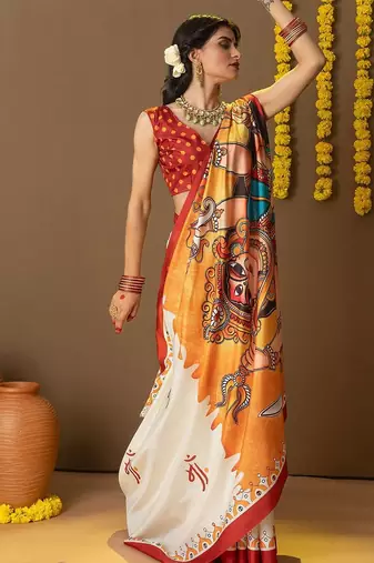 Off white printed art silk traditional saree with blouse piece