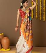 Off white printed art silk traditional saree with blouse piece