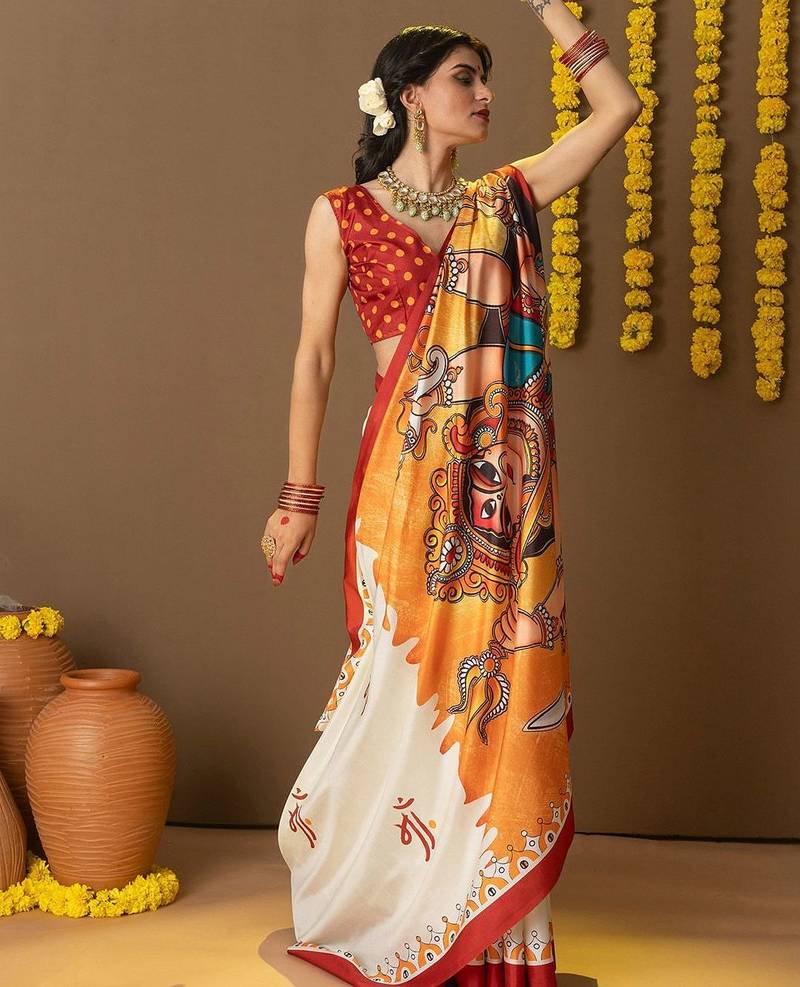 Off white printed art silk traditional saree with blouse piece
