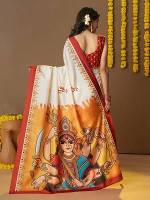 Off white printed art silk traditional saree with blouse piece 3