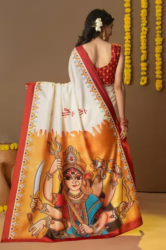 Off white printed art silk traditional saree with blouse piece
