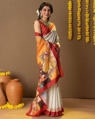 Off white printed art silk traditional saree with blouse piece 4