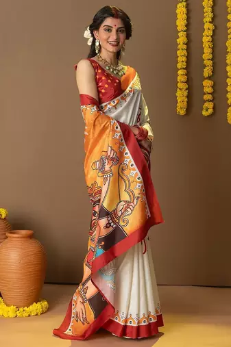 Off white printed art silk traditional saree with blouse piece