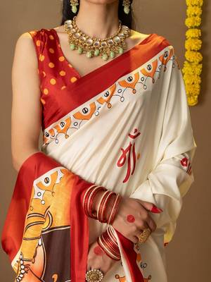 Off white printed art silk traditional saree with blouse piece 5