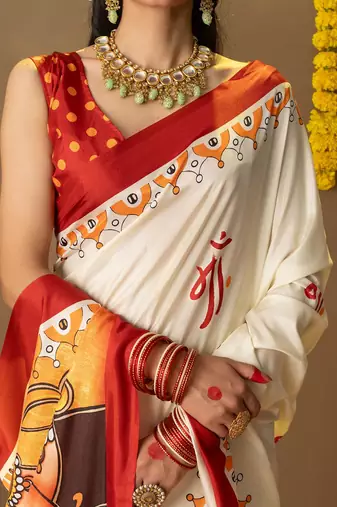 Off white printed art silk traditional saree with blouse piece