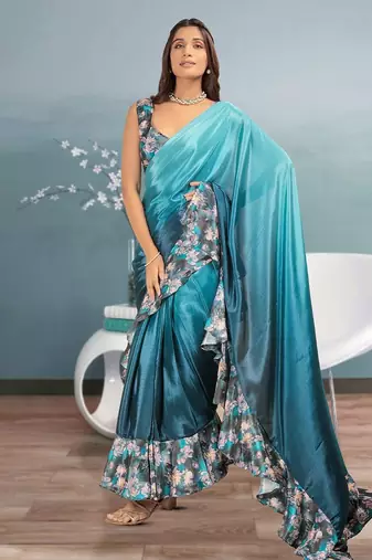 Blue plain silk blend party wear saree with blouse piece
