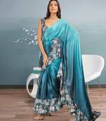 Blue plain silk blend party wear saree with blouse piece