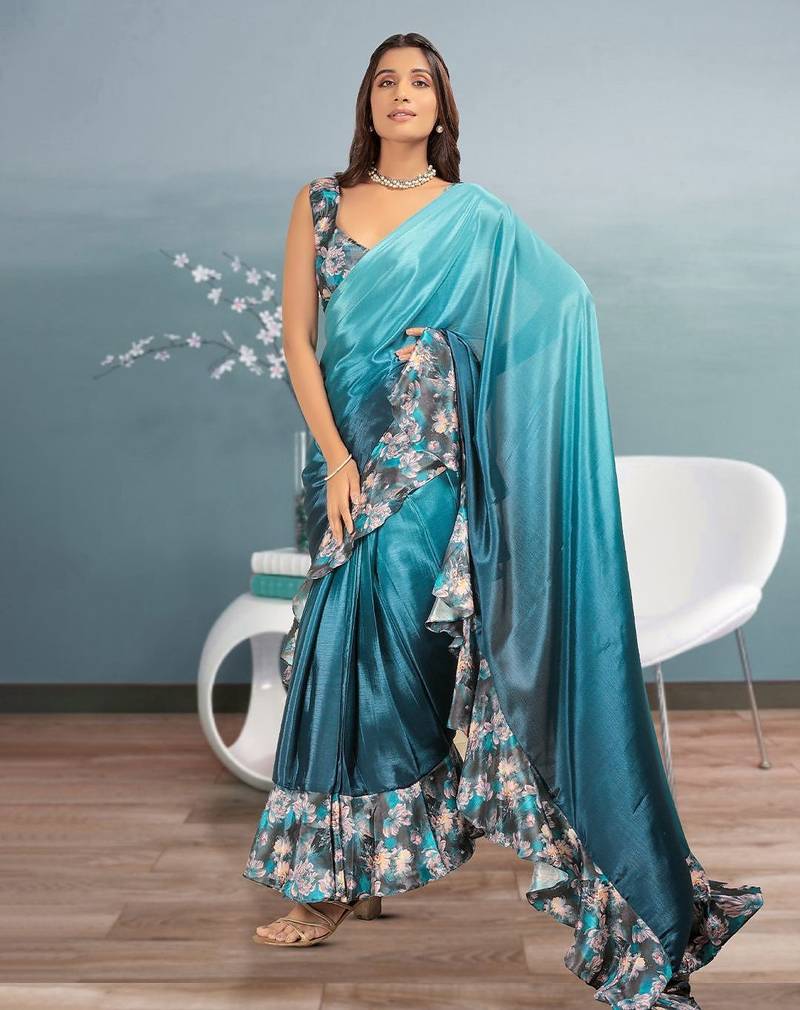 Blue plain silk blend party wear saree with blouse piece