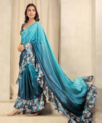 Blue plain silk blend party wear saree with blouse piece 2