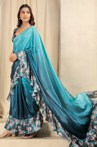 Blue plain silk blend party wear saree with blouse piece