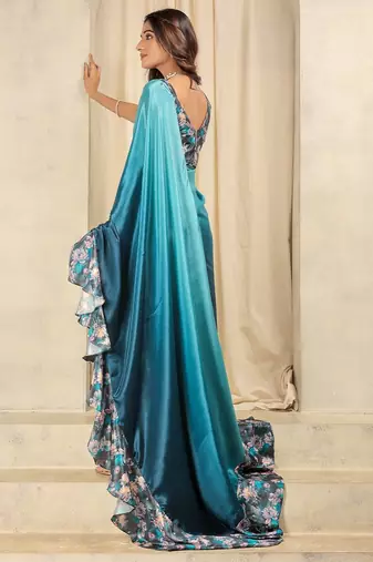Blue plain silk blend party wear saree with blouse piece