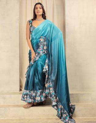 Blue plain silk blend party wear saree with blouse piece 4