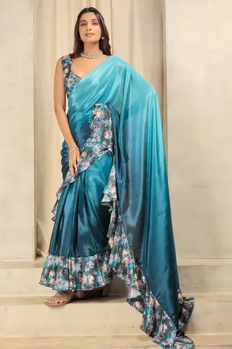 Blue plain silk blend party wear saree with blouse piece