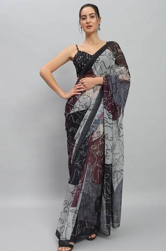 Purple elegant printed georgette saree with blouse piece