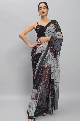 Purple elegant printed georgette saree with blouse piece