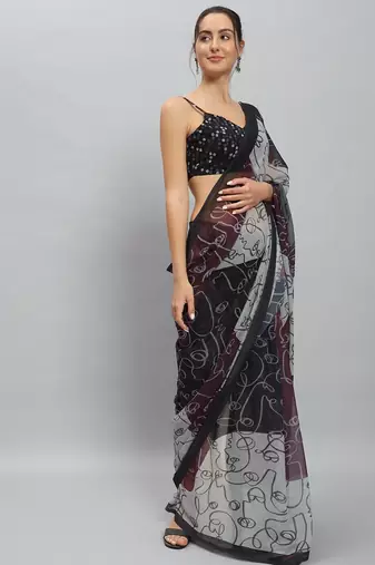 Purple elegant printed georgette saree with blouse piece