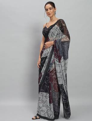 Purple elegant printed georgette saree with blouse piece 3