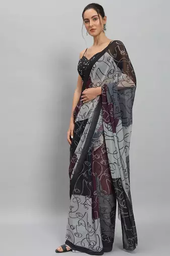 Purple elegant printed georgette saree with blouse piece