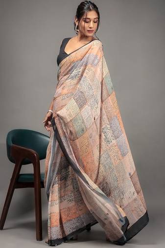 Orange elegant printed georgette saree with blouse piece
