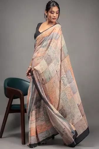 Orange elegant printed georgette saree with blouse piece