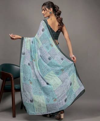 Green elegant printed georgette saree with blouse piece 2