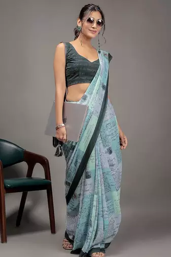 Green elegant printed georgette saree with blouse piece